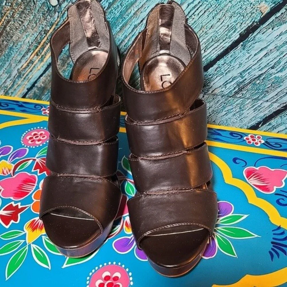 Y2K Boho Clubkid Retro Glam Platform Wedge Heels Brown Strappy Sandals‎ Loft 7.5